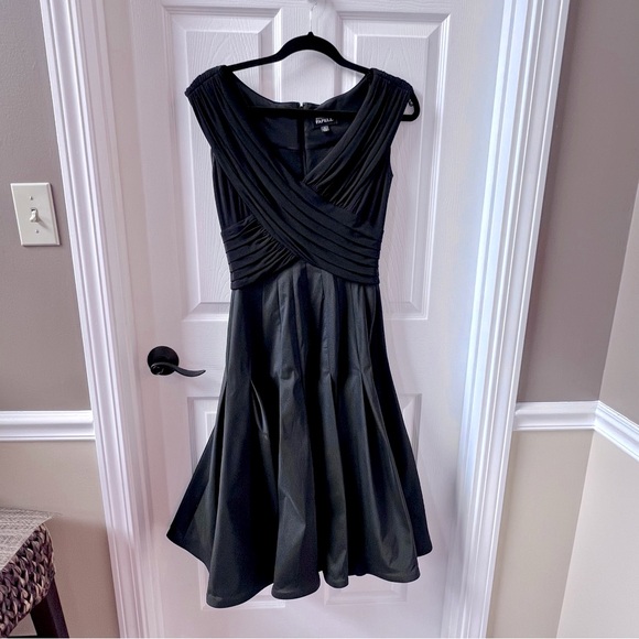 ⭐️ Adrianna Papell Women's Black Satiny Fit & Flare Pleated Cocktail Party Dress - Picture 1 of 12